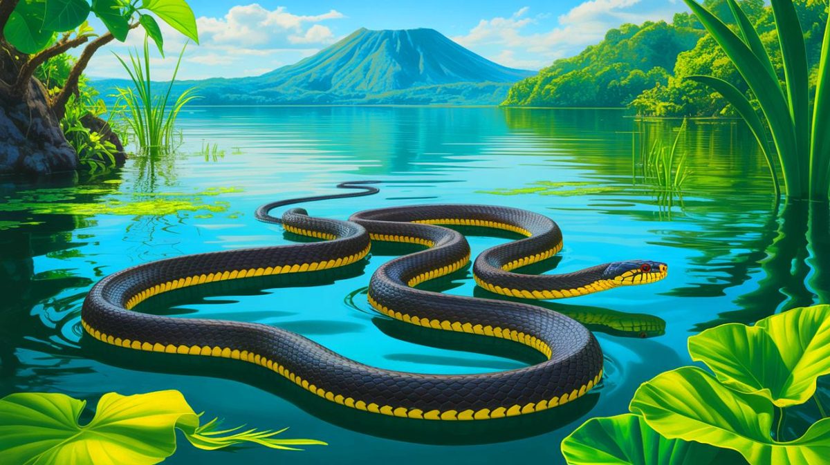 Illustration de Hydrophis semperi, serpent marin d'eau douce dans le lac Taal. Image réalisée par IA.