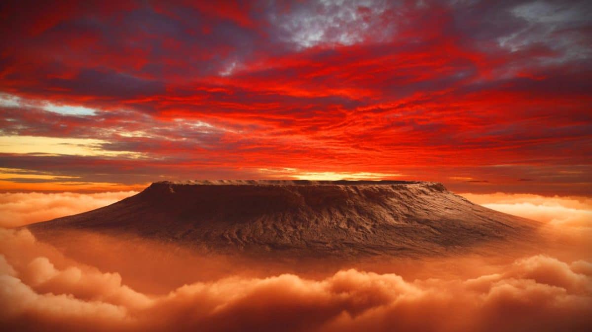 Illustration de Arsia Mons, un volcan martien émergeant des nuages. Image réalisée par IA.