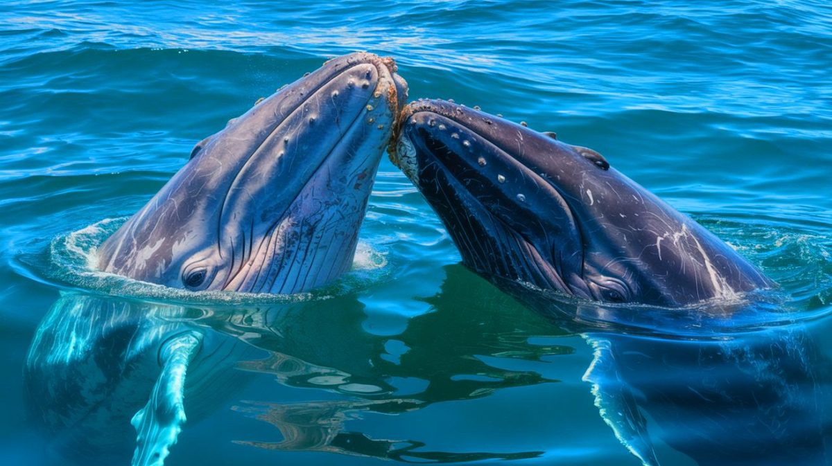 Illustration de deux baleines grises mâles engagées dans un comportement intime au large de la Californie. Image réalisée par IA.
