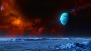 Illustration de l'exoplanète glacée 14 Herculis c capturée par le télescope spatial James Webb. Image réalisée par IA.