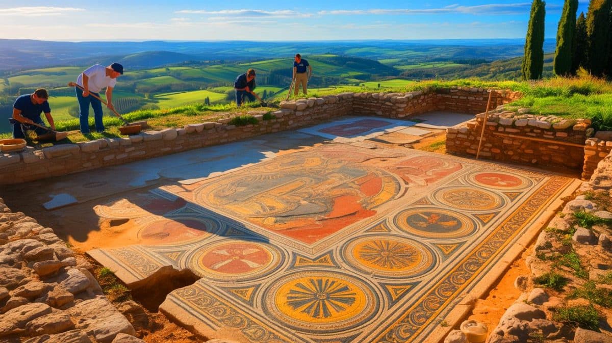 Illustration de la découverte d'une mosaïque antique sur les hauteurs d'Alès. Image réalisée par IA.