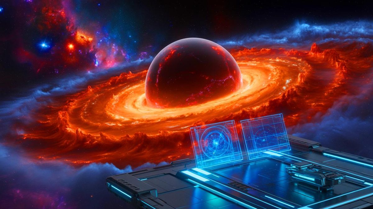 Illustration de trous noirs supermassifs et innovations technologiques. Image réalisée par IA.