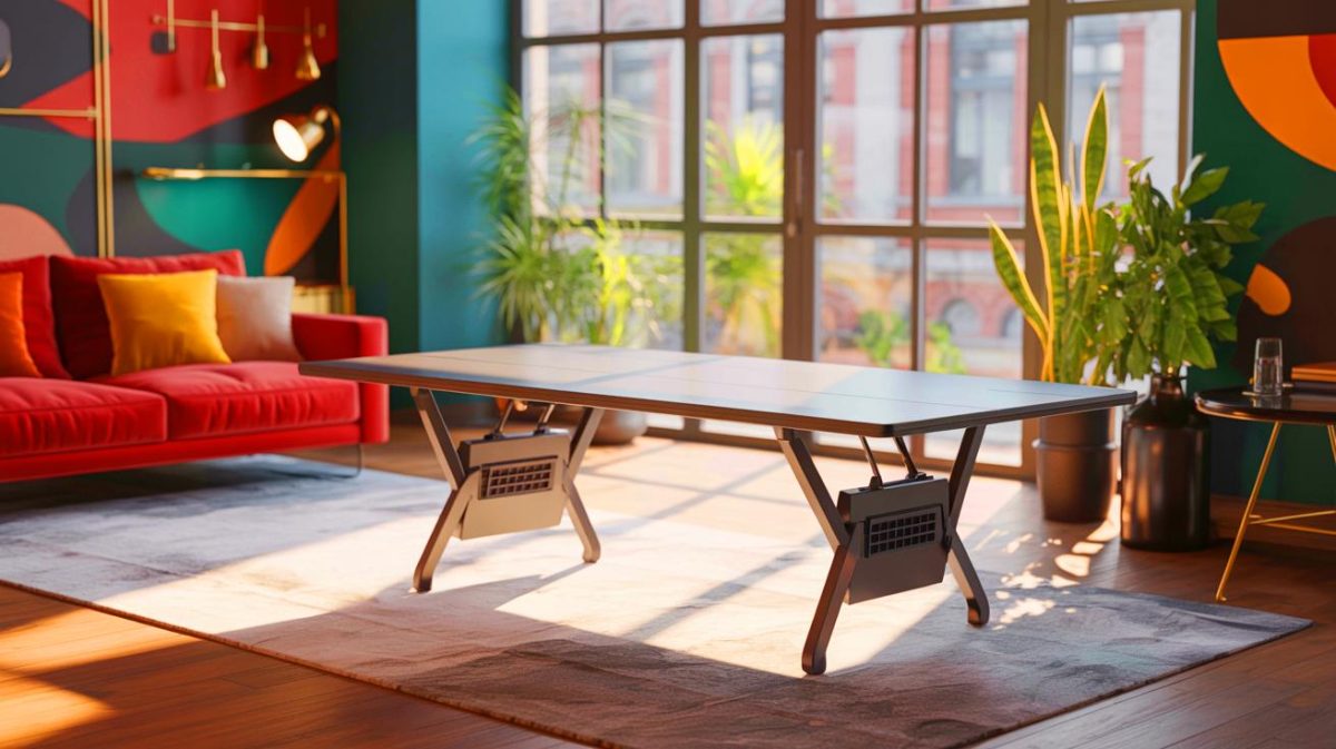 Illustration de tables pliantes innovantes et multifonctionnelles. Image réalisée par IA.