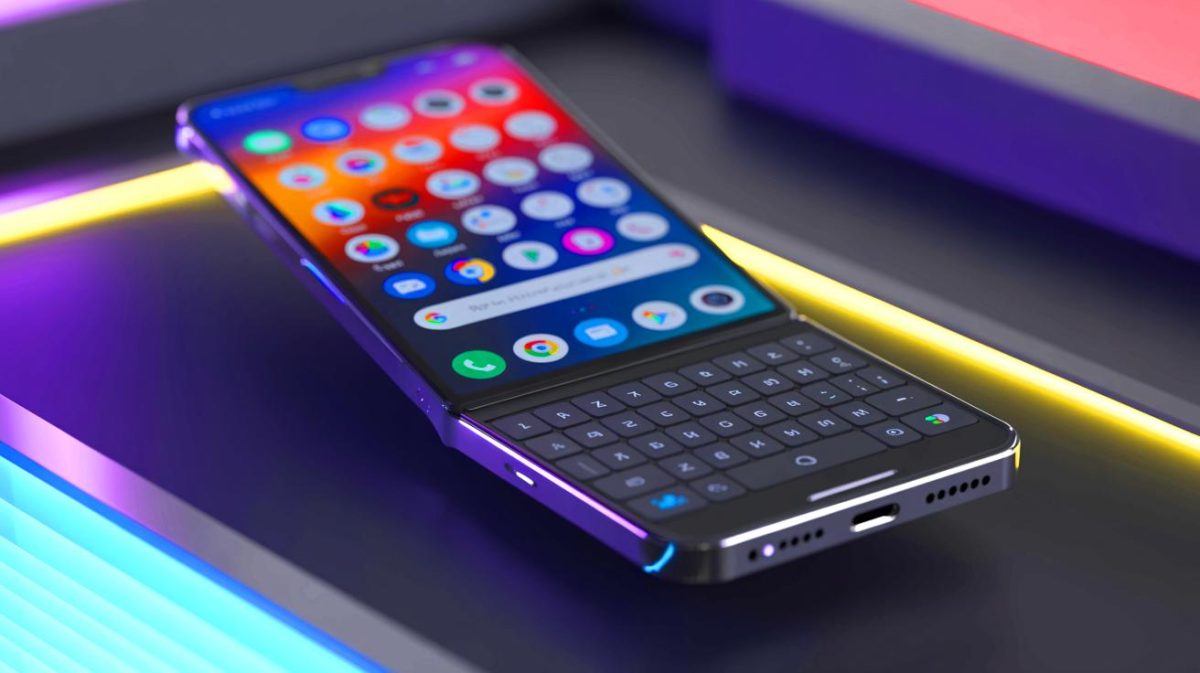 Illustration du smartphone Titan 2 avec clavier physique et double écran. Image réalisée par IA.