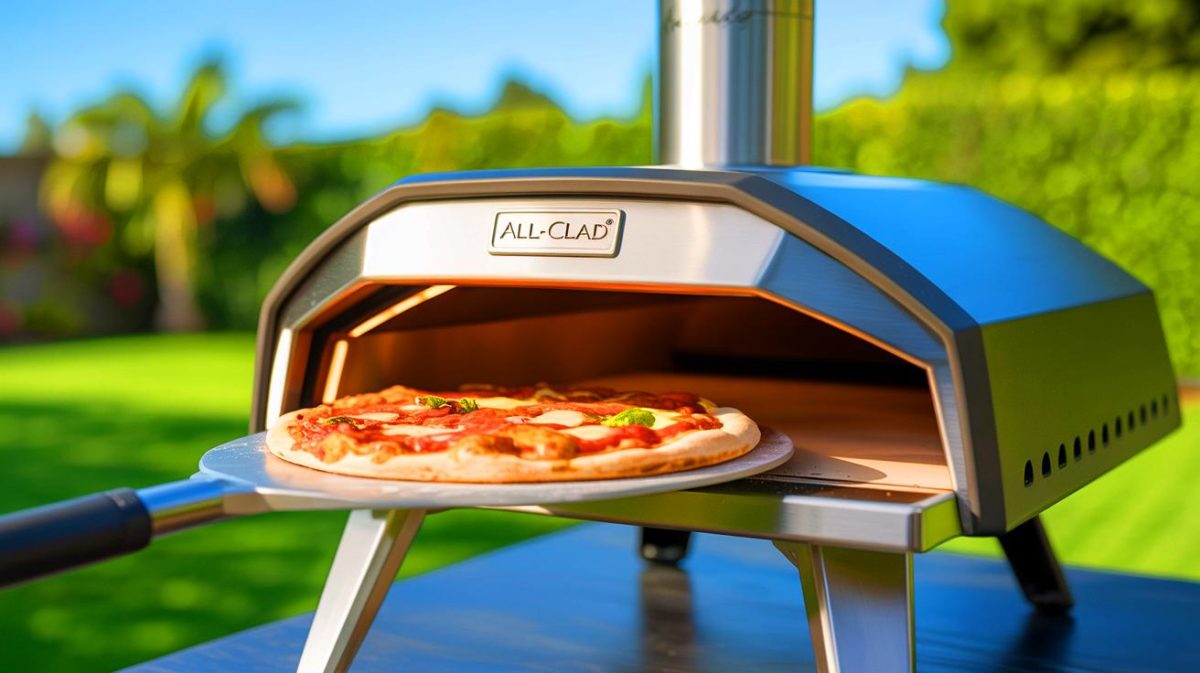 Illustration de l'innovation culinaire avec le four à pizza d'extérieur All-Clad. Image réalisée par IA.