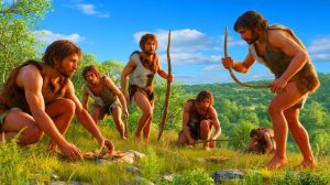 Illustration de la vie quotidienne des Homo sapiens en Dordogne il y a 40 000 ans. Image réalisée par IA.