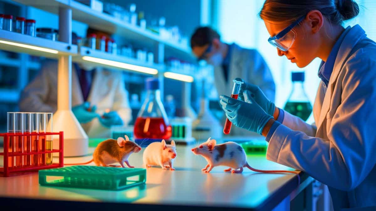 Illustration de l'impact d'une carence en fer sur la différenciation sexuelle chez les souris. Image réalisée par IA.
