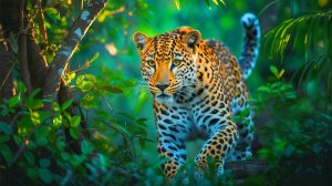 Illustration de léopards dans le sud du Bangladesh, illustrant leur rare présence et les efforts de conservation. Image réalisée par IA.