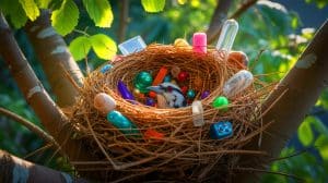 Illustration de l'utilisation d'objets artificiels dans les nids d'oiseaux pour dissuader les prédateurs. Image réalisée par IA.