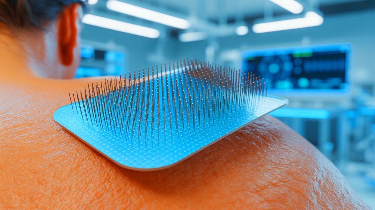 Illustration de l'utilisation d'un patch à nano-aiguilles pour un diagnostic indolore. Image réalisée par IA.