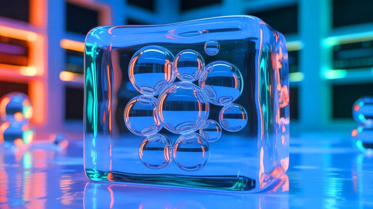 Illustration de l'utilisation de la glace et des bulles d'air pour le stockage de données. Image réalisée par IA.