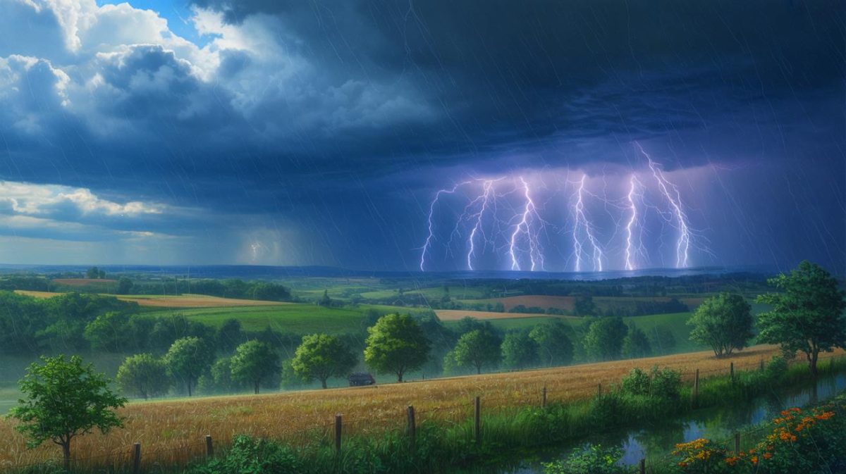 Illustration de la violence des orages ayant frappé la France, causant des décès et des dégâts matériels. Image réalisée par IA.