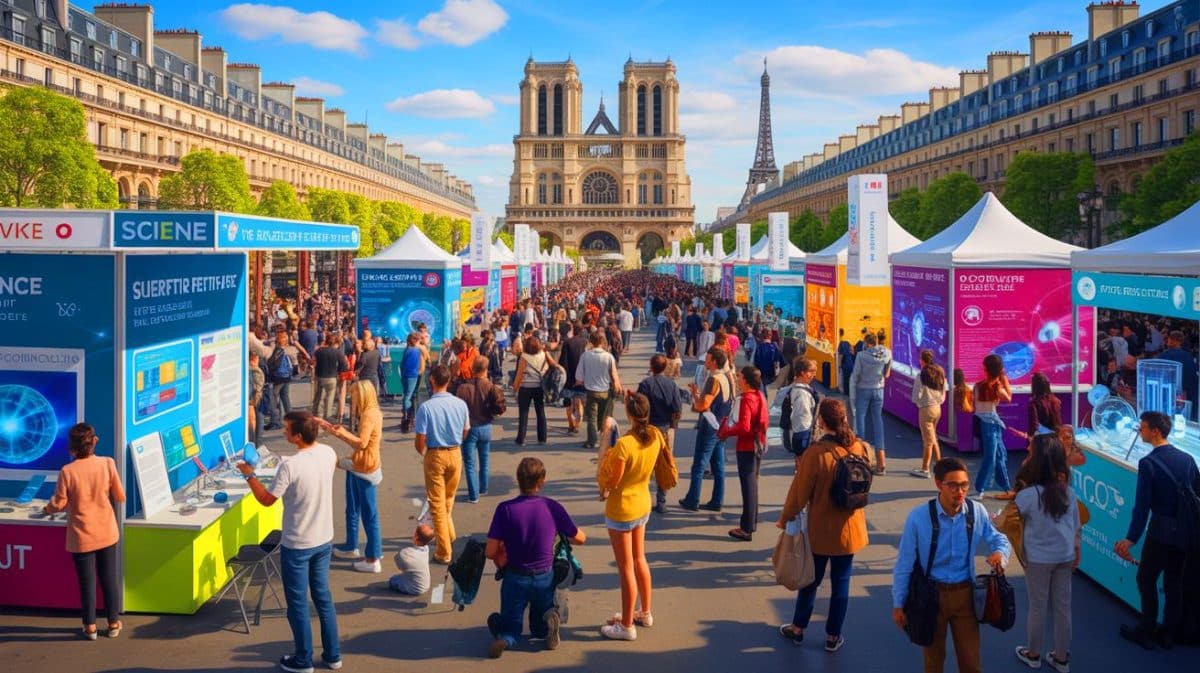 Illustration de l'effervescence du festival Double-Science à Paris. Image réalisée par IA.