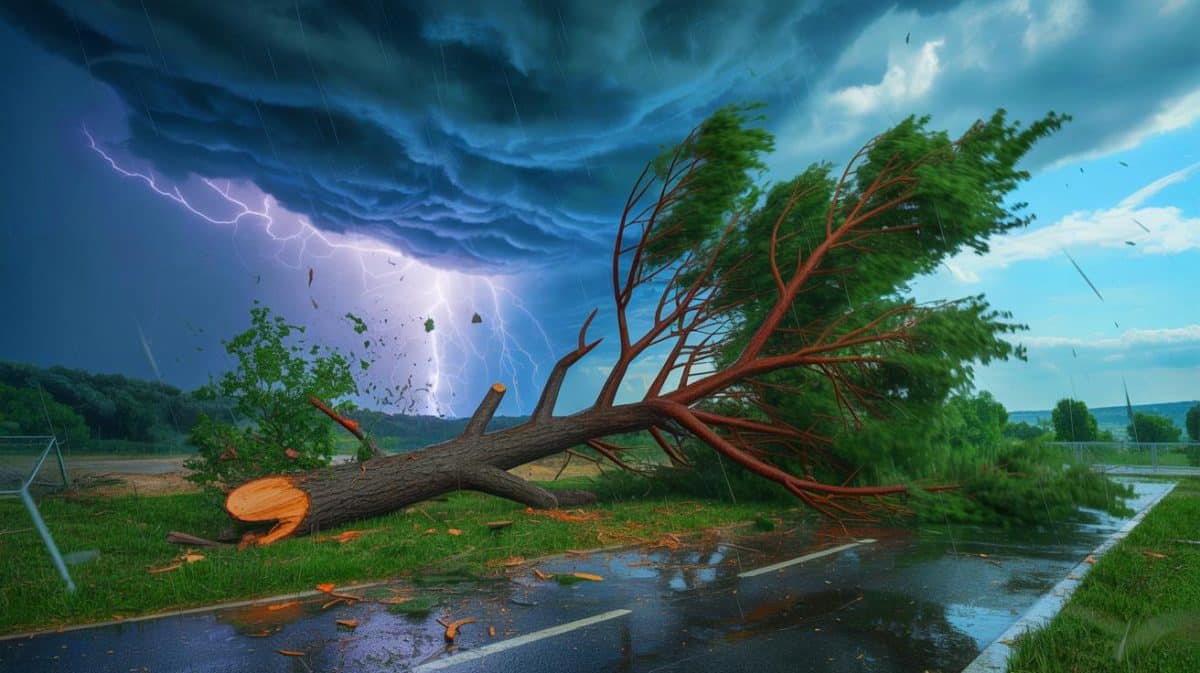 Illustration de violents orages en France ayant causé la chute d'un arbre. Image réalisée par IA.