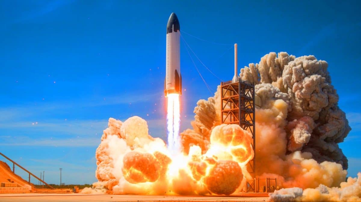 Illustration de l'explosion du prototype « Ship 36 » de SpaceX lors d'un test au centre de Massey. Image réalisée par IA.
