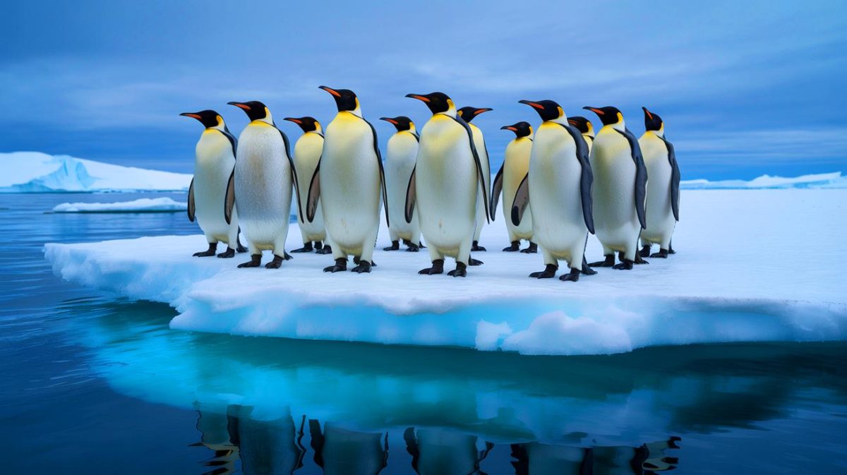 Illustration de la diminution rapide des populations de manchots empereurs en Antarctique due au réchauffement climatique. Image réalisée par IA.