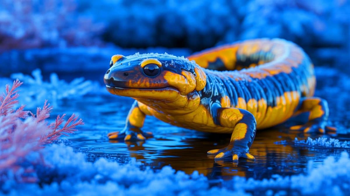 Illustration de la salamandre de Sibérie défiant les lois de la biologie en survivant à des températures extrêmes. Image réalisée par IA.