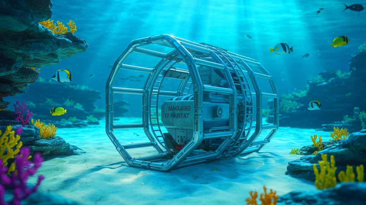 Illustration de l'habitat sous-marin Vanguard imprimé en 3D. Image réalisée par IA.
