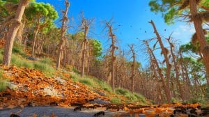 Illustration de l'invasion des chenilles du bombyx disparate en Corse et de la dévastation des forêts. Image réalisée par IA.