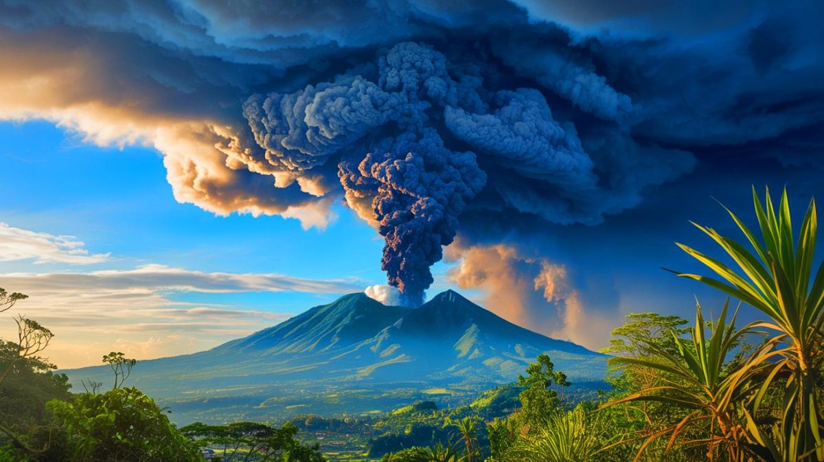 Illustration de l'éruption du mont Lewotobi Laki-Laki perturbant le trafic aérien à Bali. Image réalisée par IA.