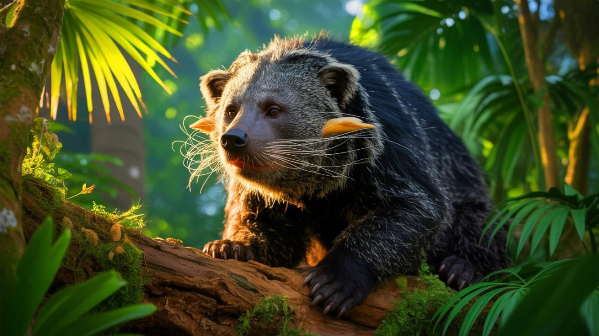 Illustration de l'apparence unique du binturong, souvent surnommé chat-ours, avec son odeur de popcorn. Image réalisée par IA.