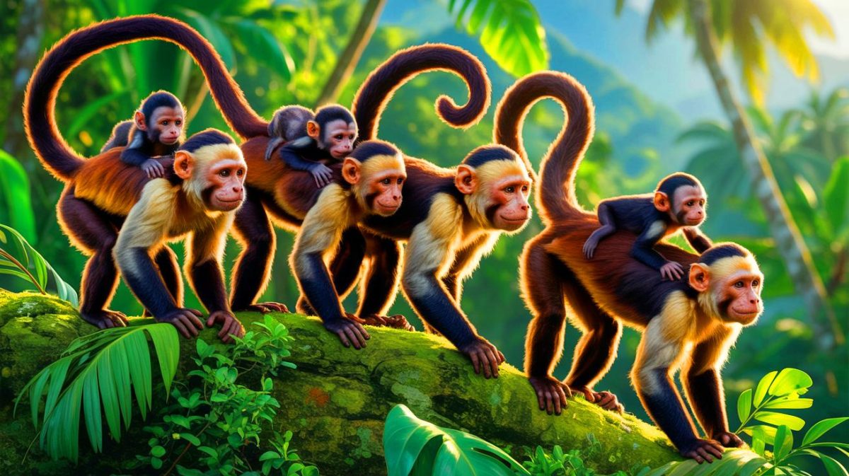 Illustration de singes capucins transportant des bébés hurleurs sur une île. Image réalisée par IA.