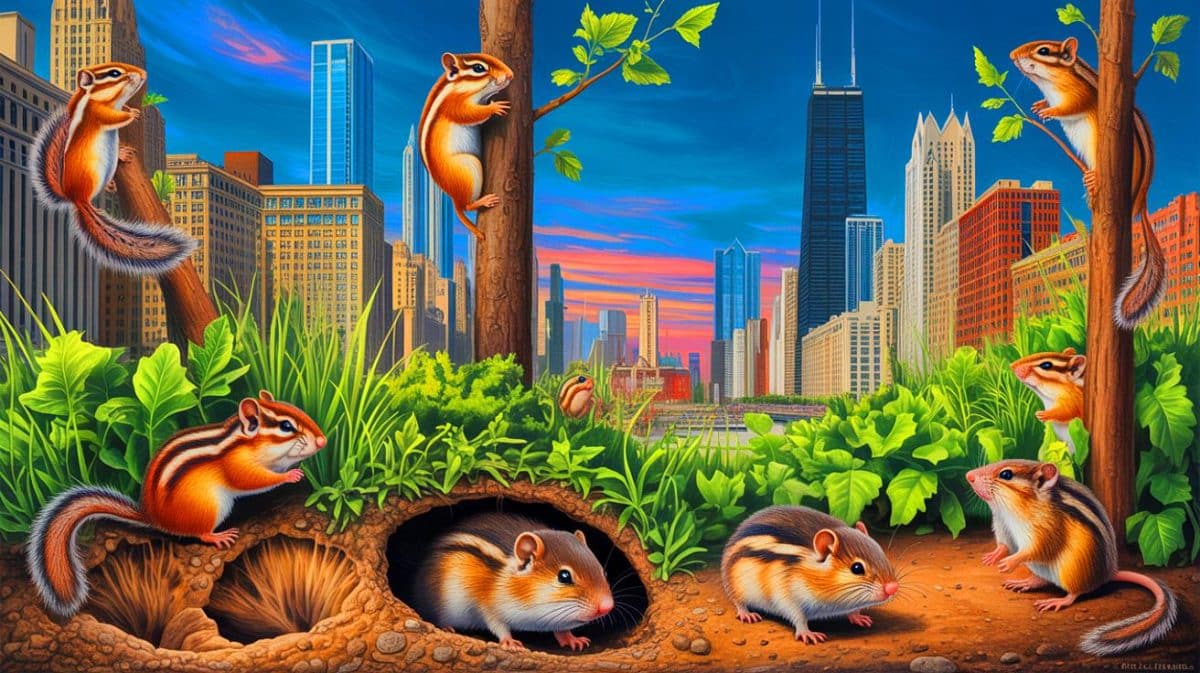 Illustration de l'évolution accélérée des chipmunks et campagnols face à l'urbanisation de Chicago. Image réalisée par IA.