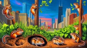 Illustration de l'évolution accélérée des chipmunks et campagnols face à l'urbanisation de Chicago. Image réalisée par IA.