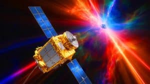 Illustration de la mission spatiale SVOM scrutant les sursauts gamma dans l'Univers. Image réalisée par IA.