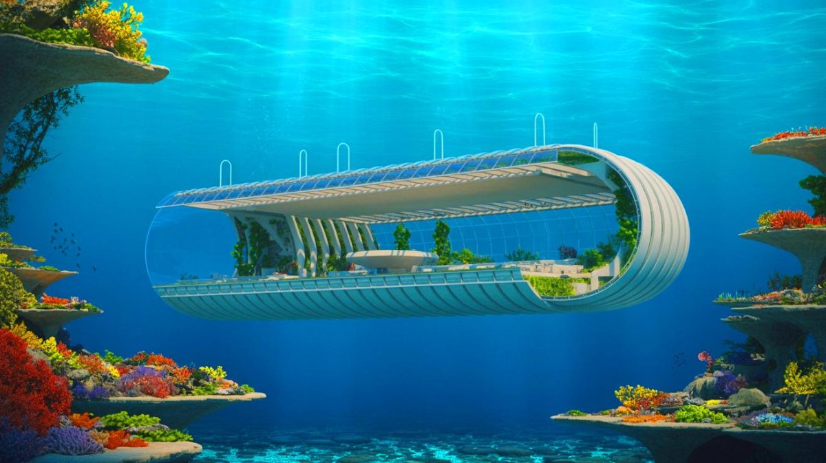 Illustration de Jacques Rougerie devant le port Lympia à Nice, représentant sa vision des habitats marins du futur. Image réalisée par IA.