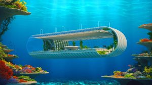 Illustration de Jacques Rougerie devant le port Lympia à Nice, représentant sa vision des habitats marins du futur. Image réalisée par IA.