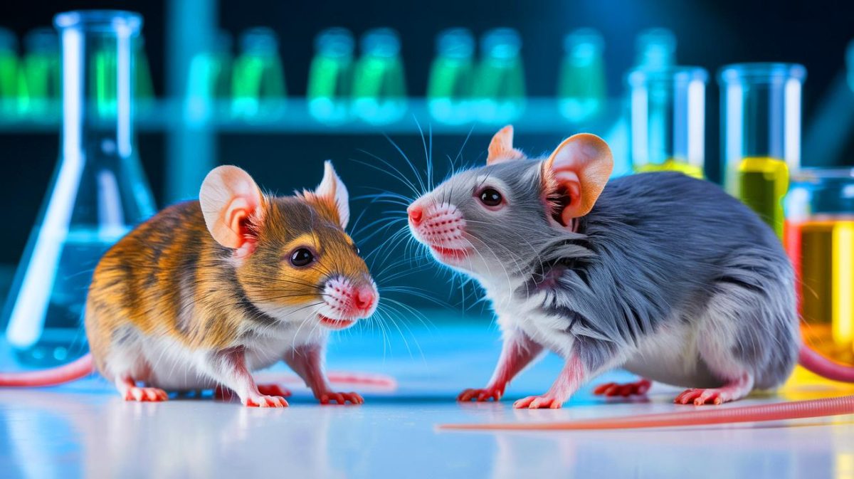 Illustration de souris nées de deux pères grâce à des modifications génétiques. Image réalisée par IA.