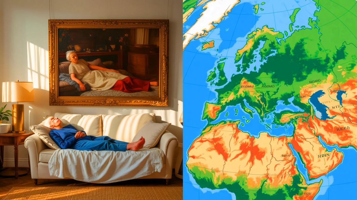 Illustration de la sieste chez les seniors, la restauration d'œuvres d'art et l'évolution d'Homo sapiens. Image réalisée par IA.