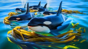 Illustration de l'utilisation de tiges de varech par les orques pour le toilettage collectif dans la mer de Salish. Image réalisée par IA.