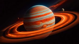 Illustration de la jeunesse de Jupiter avec sa taille et son champ magnétique colossaux. Image réalisée par IA.