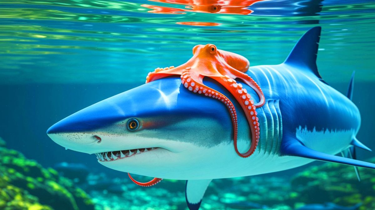 Incroyable révélation sous-marine : cette pieuvre audacieuse attaque un requin mako et stupéfie les biologistes marins avec des images fascinantes Illustration de la rencontre surprenante entre une pieuvre et un requin mako dans le golfe d'Hauraki. Image réalisée par IA.