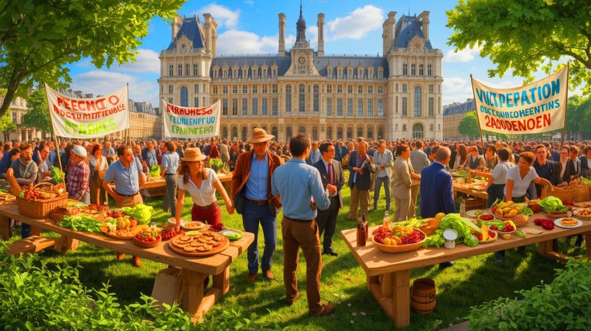 Illustration de l'opposition au Sénat contre la loi Duplomb avec un banquet paysan. Image réalisée par IA.