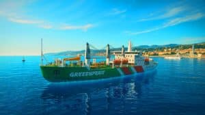Illustration de l'Arctic Sunrise, navire de Greenpeace, interdit d'accoster au sommet de l'ONU sur les océans à Nice. Image réalisée par IA.