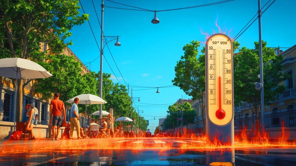Illustration de la canicule intense frappant le sud de l'Europe, mettant en évidence des températures extrêmes et leurs impacts. Image réalisée par IA.