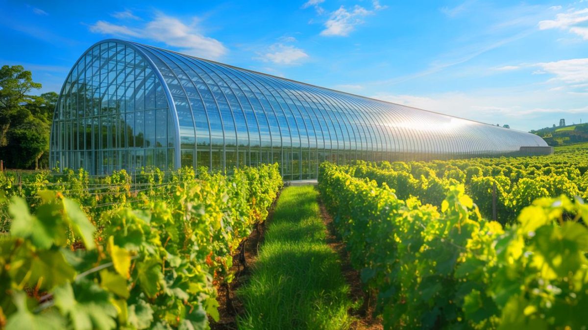 La Champagne face à une menace climatique : cette serre « coffre-fort » protège enfin les précieuses racines de vigne en péril Illustration de la serre bioclimatique à Blancs-Coteaux protégeant les vignes du changement climatique. Image réalisée par IA.