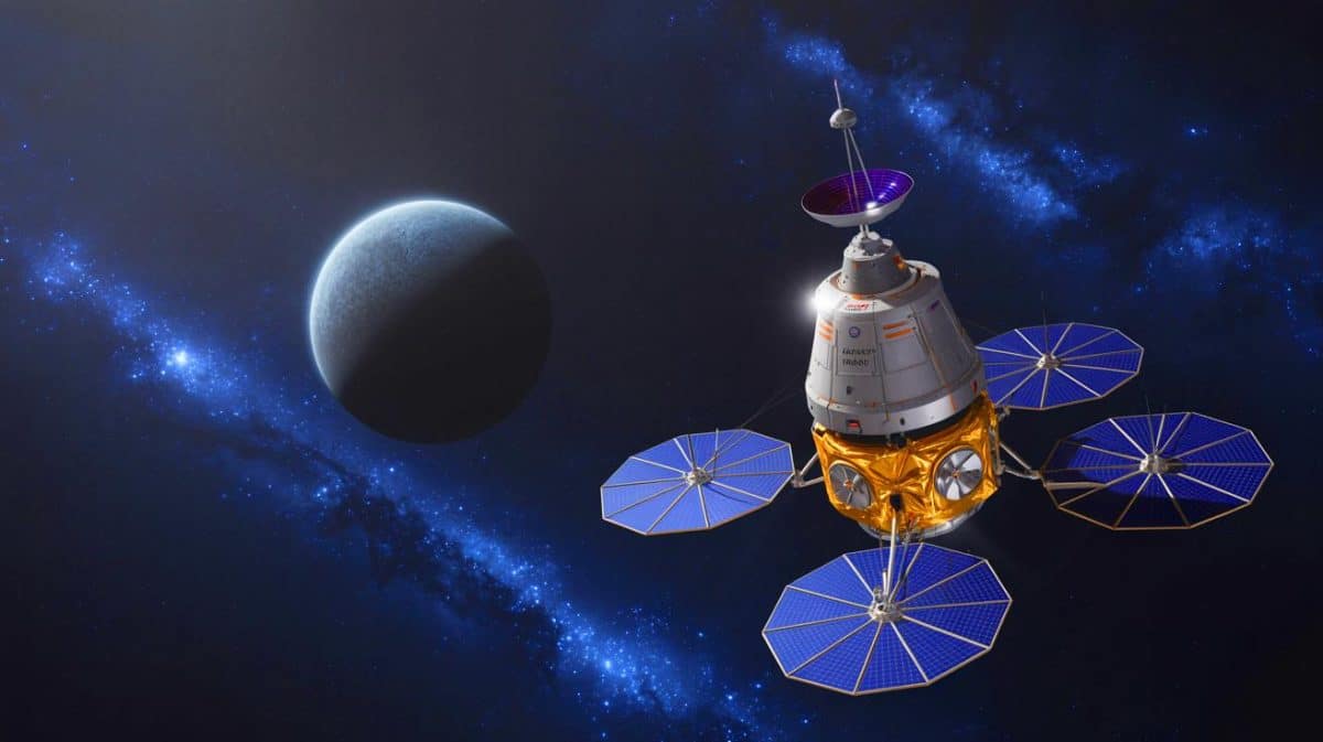 Illustration de la mission Tianwen 2 explorant la quasi-lune Kamo'oalewa. Image réalisée par IA.