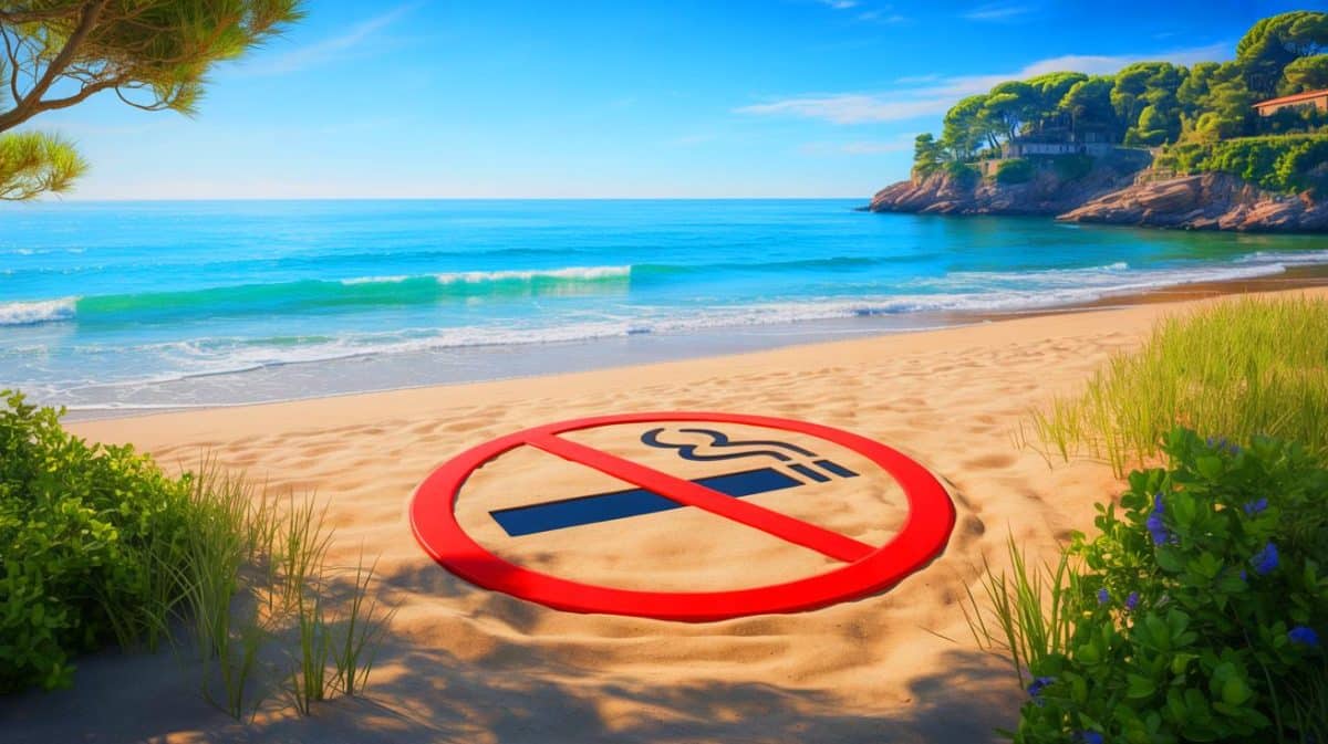 Illustration de l'interdiction de fumer sur les plages et dans les parcs en France. Image réalisée par IA.