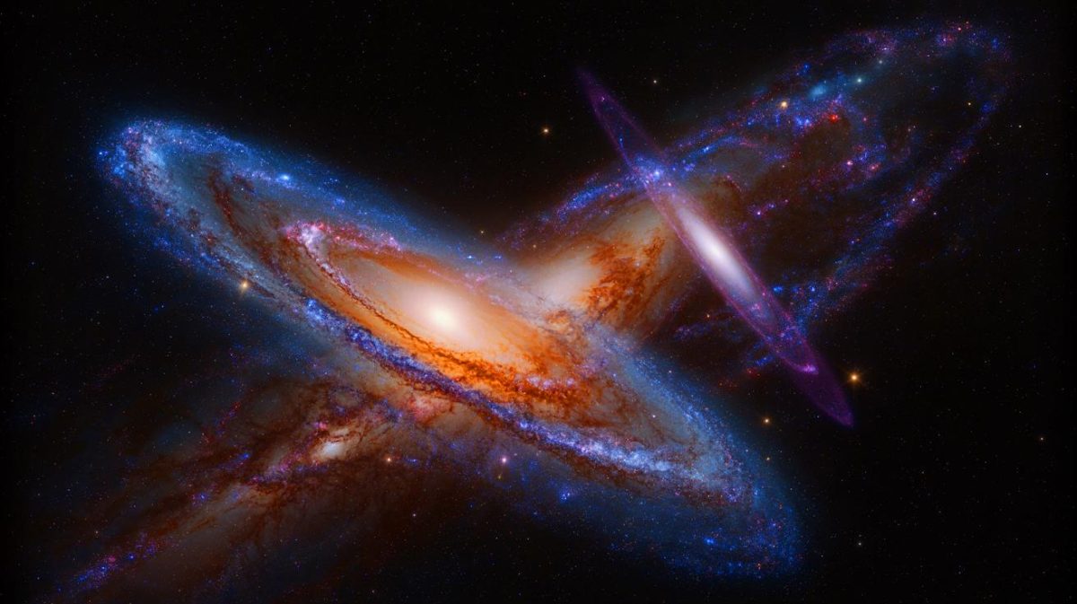 Illustration de la collision potentielle entre la Voie lactée et la galaxie d'Andromède. Image réalisée par IA.