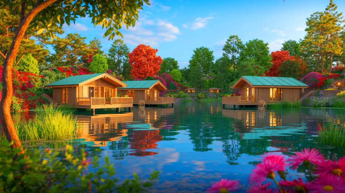 Illustration des chalets flottants de l'étang de la Galiotte à Carrières-sous-Poissy. Image réalisée par IA.