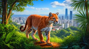 Illustration de pumas dans leur habitat naturel menacé par l'expansion urbaine au Brésil. Image réalisée par IA.
