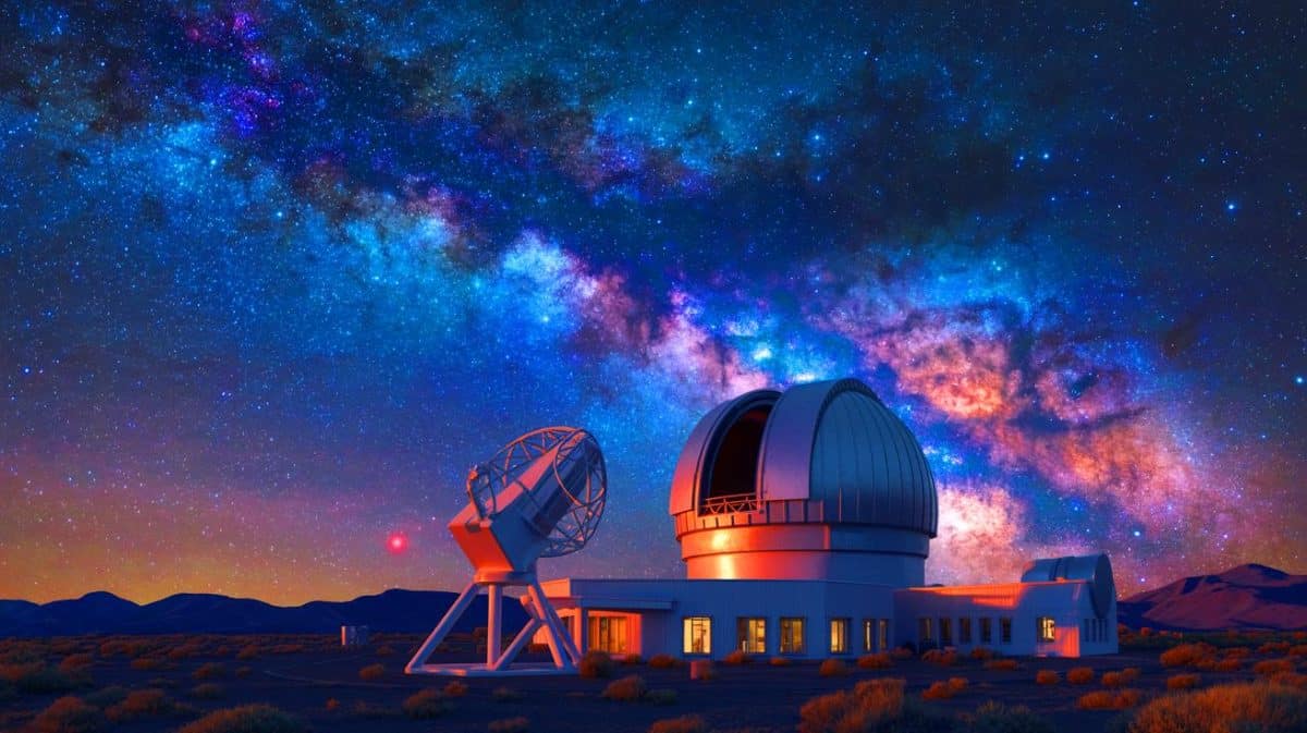Illustration de l'observatoire Vera Rubin capturant des galaxies lointaines et des nébuleuses. Image réalisée par IA.