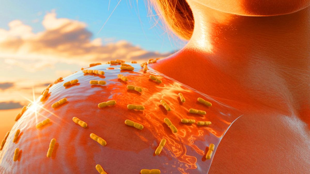 Illustration de bactéries cutanées protectrices agissant comme un écran solaire naturel. Image réalisée par IA.