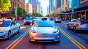 Illustration de robotaxis de Tesla circulant dans les rues d'Austin. Image réalisée par IA.