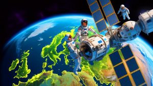 Illustration de l'appel d'Emmanuel Macron pour une reconquête spatiale européenne. Image réalisée par IA.