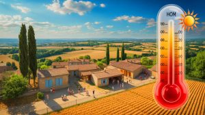 Illustration de la France sous une intense vague de chaleur, impactée par le changement climatique. Image réalisée par IA.
